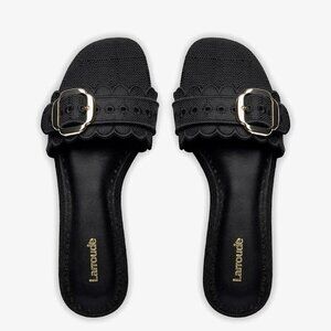 Larroude Ivy Broderie Flat Mule In Black Raffia